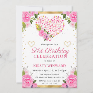 Convites Aquarela Corações Flores Rosa Dourado Aniversário