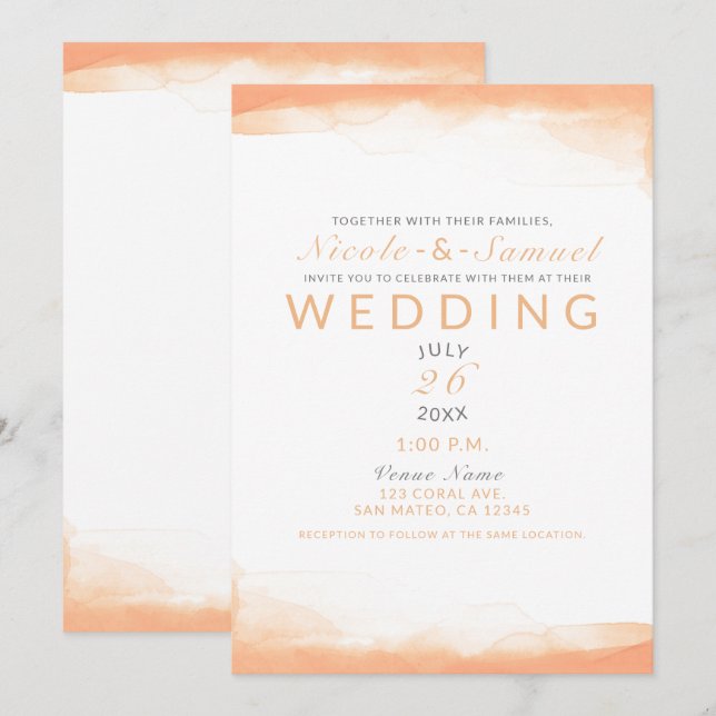 Convites Aquarela Coral Laranja Casamento Moderno Chic (Frente/Verso)