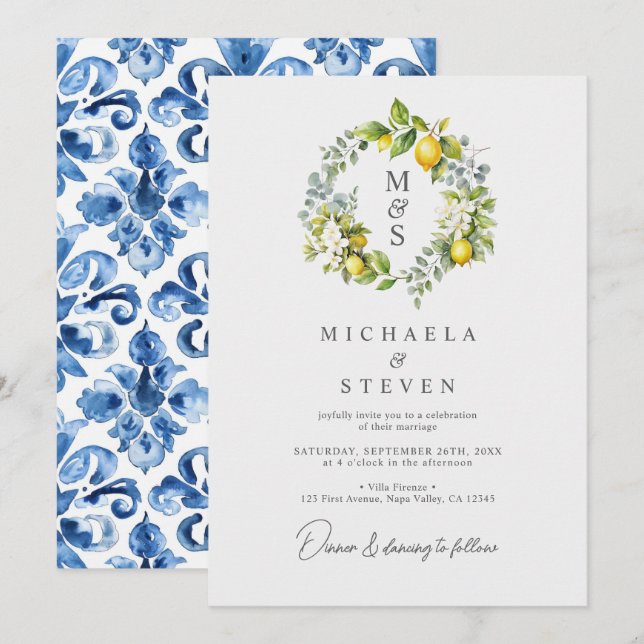 Convites Aquarela Coroa Botânica de Limão Casamento (Frente/Verso)