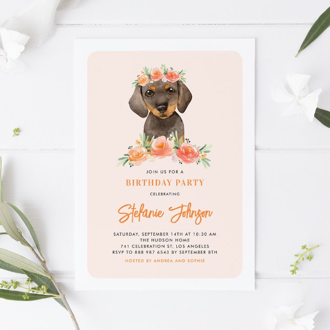 Convites Aquarela Dachshund Peach Florença Cão Aniversário (Criador carregado)