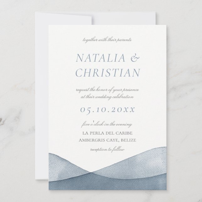 Convites Aquarela de Casamento Azul Mergulhado (Frente)