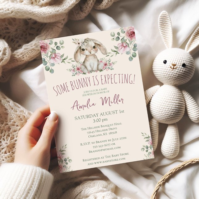 Convites Aquarela de Coelho na Floresta Silvestre (Some Bunny is Expecting  Boho Floral Watercolor Roses Baby Shower Invitation)