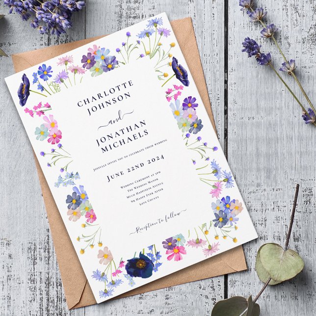 Convites Aquarela de Flores Silvestres Modernas Azul Marinh (Modern colorful wildflower boho chic typography wedding invitation navy blue pink purple peach green)