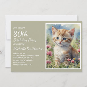 Convites Aquarela de Gatinho Amarelo Fofo para 80º Aniversá