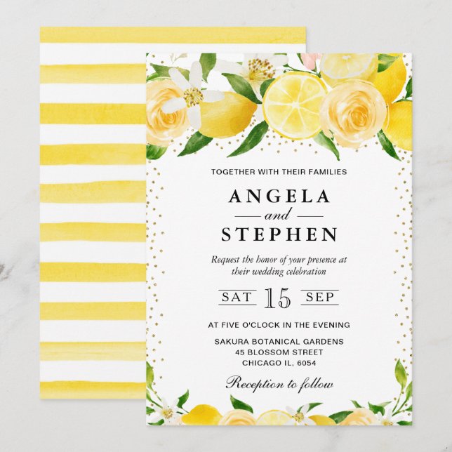 Convites Aquarela de Limões e Flores para Casamento (Frente/Verso)