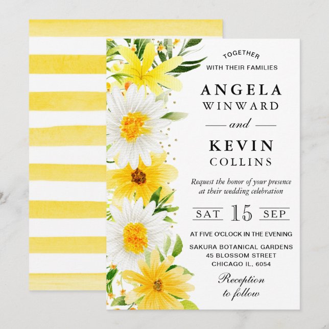 Convites Aquarela de Margaridas e Flores Amarelas Casamento (Frente/Verso)