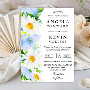 Convites Aquarela de Margaridas e Flores Azuis Casamento