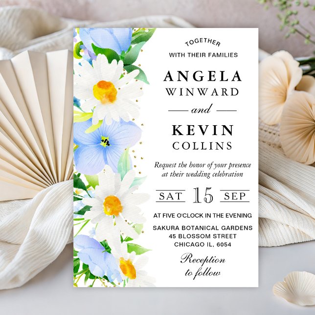 Convites Aquarela de Margaridas e Flores Azuis Casamento (Criador carregado)