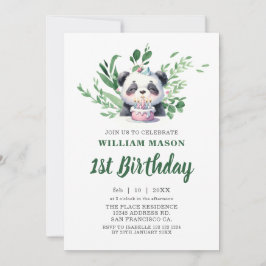 Convites Aquarela de Panda Fofo com Folhagens para 1º Anive