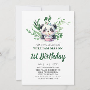 Convites Aquarela de Panda Fofo com Folhagens para 1º Anive