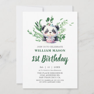 Convites Aquarela de Panda Fofo com Folhagens para 1º Anive