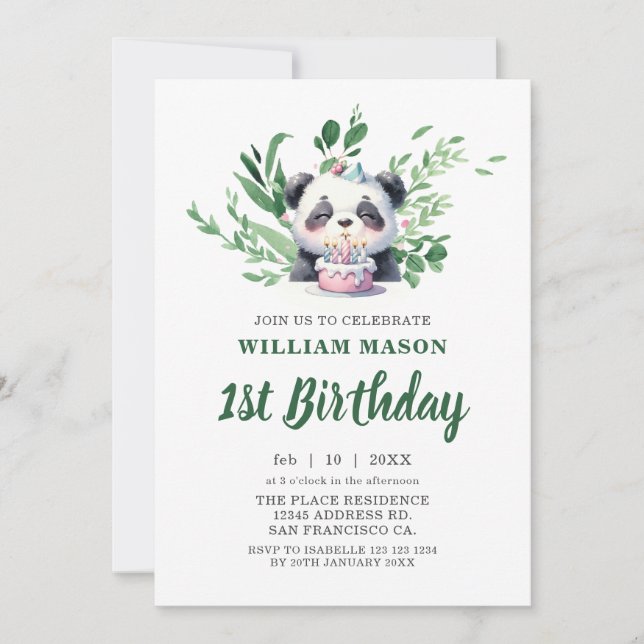 Convites Aquarela de Panda Fofo com Folhagens para 1º Anive (Frente)