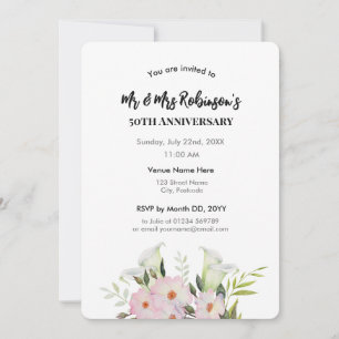 Convites Aquarela de Rosas e Lírios Calla Brancos de 50º An