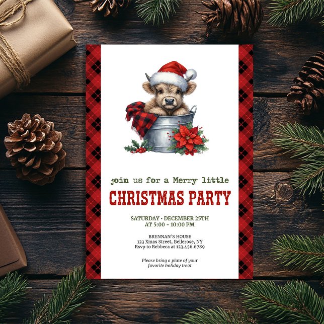 Convites Aquarela de vaca das Terras Altas em balde Natal (Watercolor highland cow in bucket Christmas Invitation)