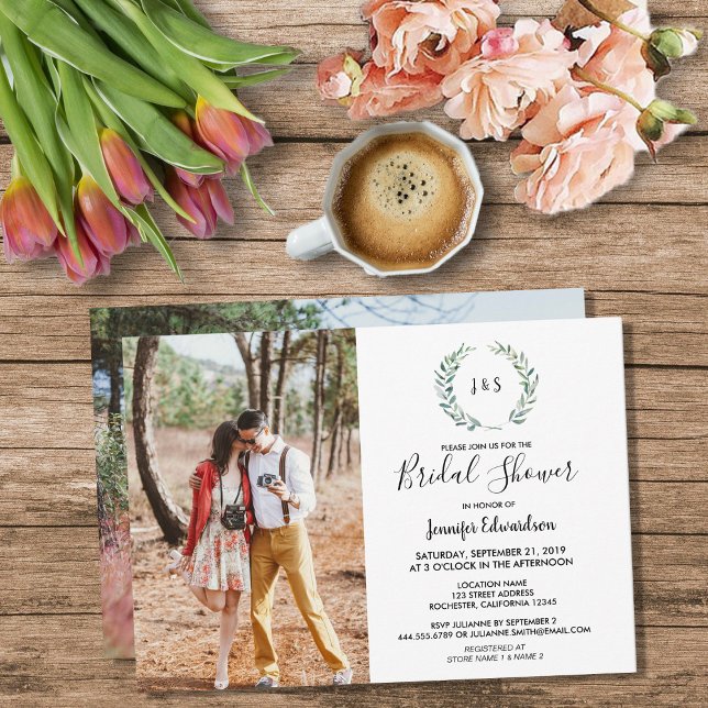 Convites Aquarela deixa Chá de panela de fotografia monogra (Modern rustic watercolor leaves monogrammed photo Bridal Shower Invitation.)