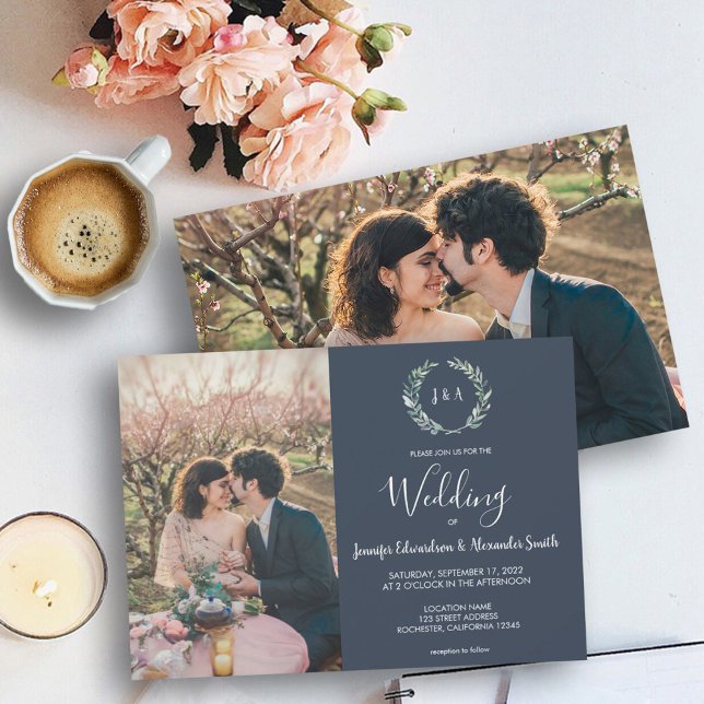 Convites Aquarela deixa marinho azul  fotografia monograma  (Rustic navy blue, watercolor leaves, photo and monograms wedding invitation. )