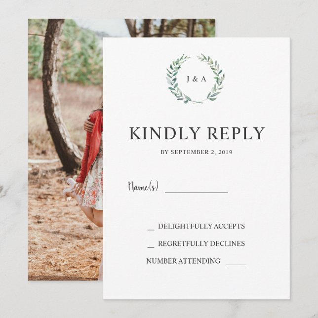 Convites Aquarela deixa monograma foto casamento RSVP (Frente/Verso)