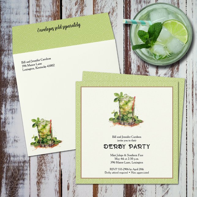 Convites Aquarela Derby do Julep de Hortelã (Watercolor Mint Julep Derby Square Invitations (Envelopes sold separately))