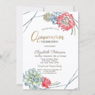Convites Aquarela Deserto Suculentas Vermelhas Quinceañera