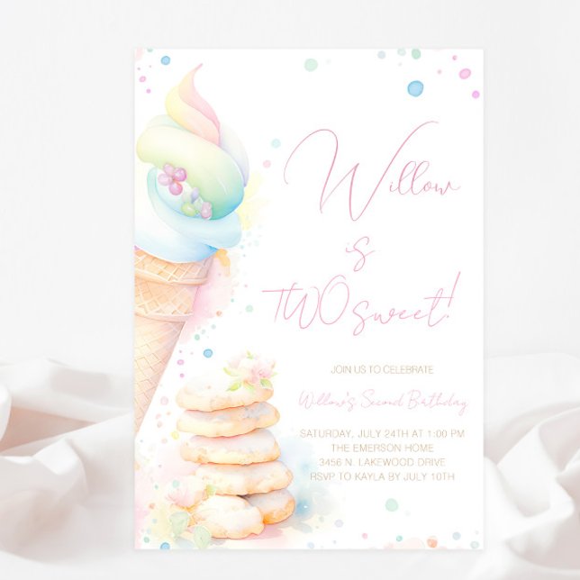 Convites Aquarela Doce Garota Dois Bons Aniversário (Pretty watercolor treats Two Sweet second birthday party invitation. Simply add your event details.)