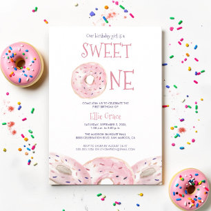 Convites Aquarela Doce Um tema de Donut aniversário de 1 an