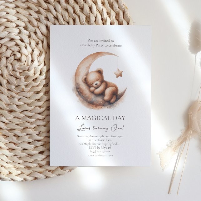 Convites Aquarela Dormindo Urso Marrom na Lua (Criador carregado)