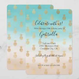 Convites Aquarela Dourada de Abacaxis com Creme de Pêssego
