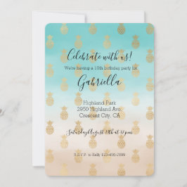 Convites Aquarela Dourada de Abacaxis com Creme de Pêssego 
