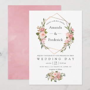Convites Aquarela Dourado Geométrico Beijo Rosa Casamento