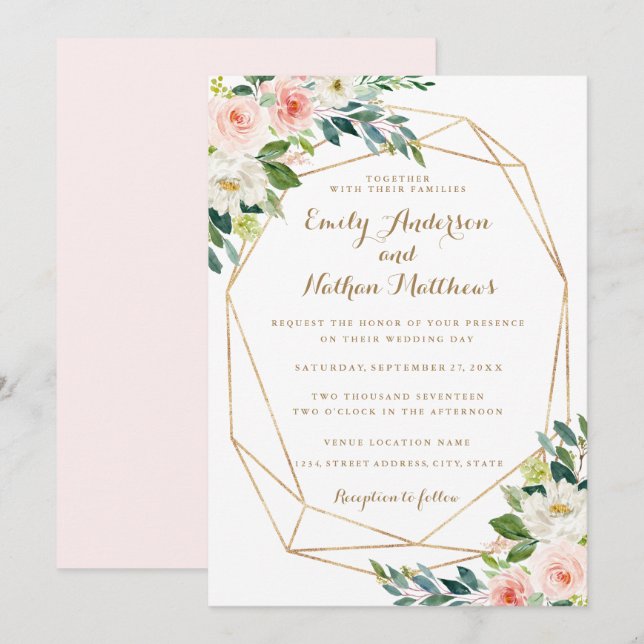 Convites Aquarela Dourado Geométrico Blush Floral Casamento (Frente/Verso)