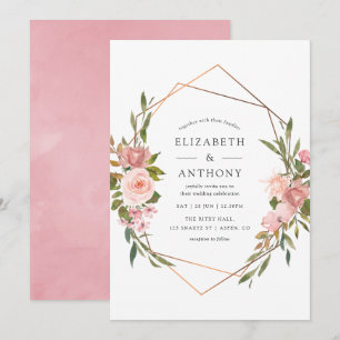 Convites Aquarela Dourado Geométrico Rosa Bege Casamento