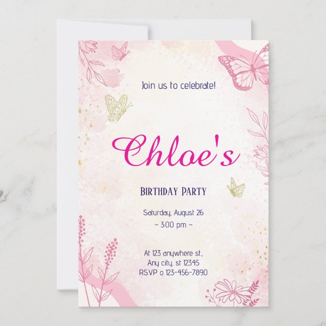 Convites Aquarela Dourado Rosa (Frente)