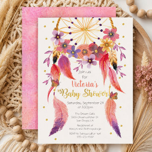 Convites Aquarela Dreamcatcher Bebe Choque Folha de Ouro