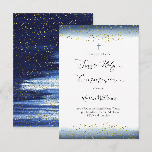 Convites aquarela e FAUX foil confetti Primeira Comunhão (Frente/Verso)
