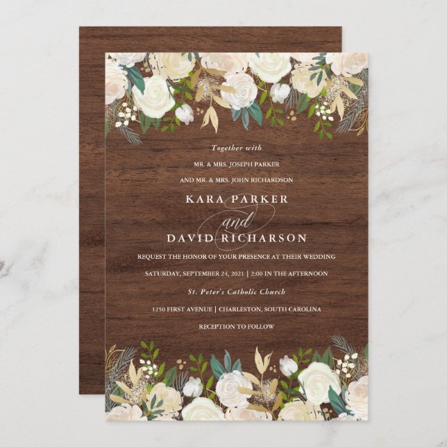 Convites Aquarela e madeira | Rustic Floral Wedding (Frente/Verso)