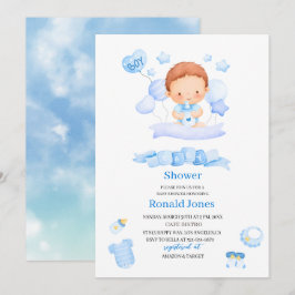 Convites Aquarela é o menino Blue Boho Nursery Baby Showe