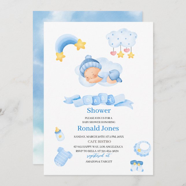 Convites Aquarela é o menino Blue Boho Nursery Baby Showe (Frente/Verso)