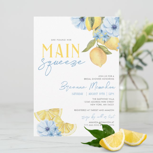 Convites Aquarela Ela Encontrou Sua Principal Brida De Limã (Trendy Watercolor She Found Her Main Squeeze Lemon Bridal Invitations with Adorable Blue Flowers)