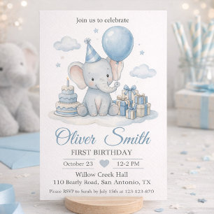 Convites Aquarela Elefante Bebê Azul Primeiro Aniversário
