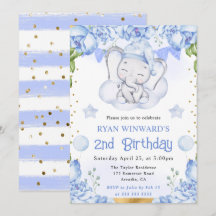 Aquarela Elefante Fofo e Rosas Azuis Aniversário