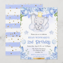 Aquarela Elefante Fofo e Rosas Azuis Aniversário