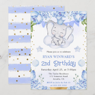 Convites Aquarela Elefante Fofo e Rosas Azuis Aniversário