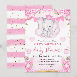 Convites Aquarela Elefante Fofo & Rosas Rosadas Chá de Bebê