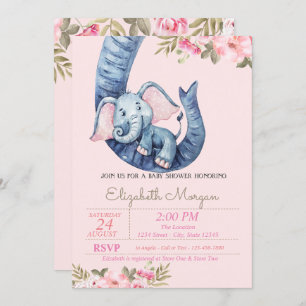 Convites Aquarela Elefante Para Bebê, Chá de fraldas Floral