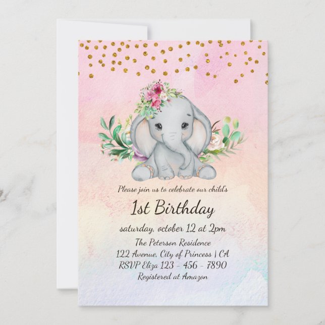 Convites Aquarela Elefante para Bebê e primeiro aniversario (Frente)