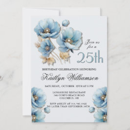 Convites Aquarela Elegante Azul Dourado Floral 25º Aniversá