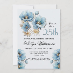 Convites Aquarela Elegante Azul Dourado Floral 25º Aniversá