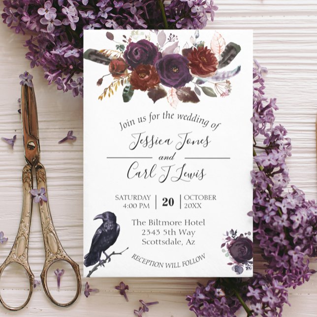 Convites Aquarela Elegante Halloween Crow Plum Inv (Criador carregado)
