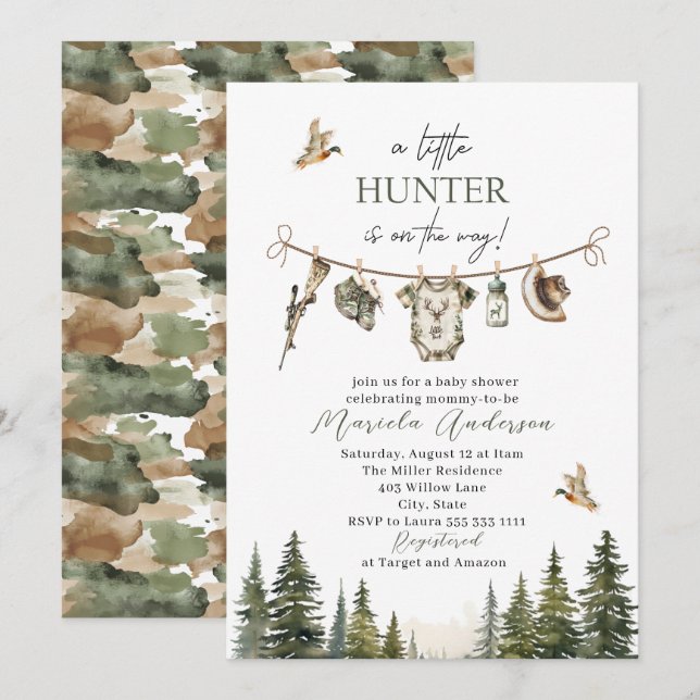 Convites Aquarela Elegante Um Chá de fraldas Caçador (Frente/Verso)