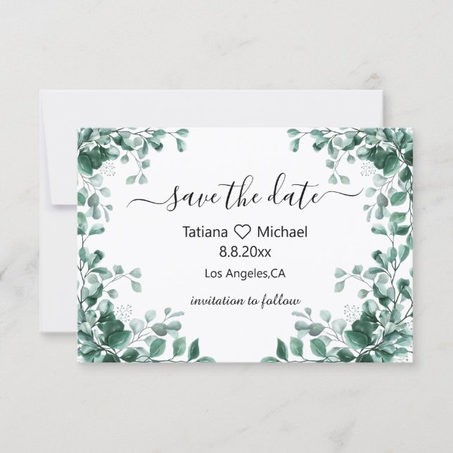 Convites aquarela eucalipto casamento save the date (Frente)